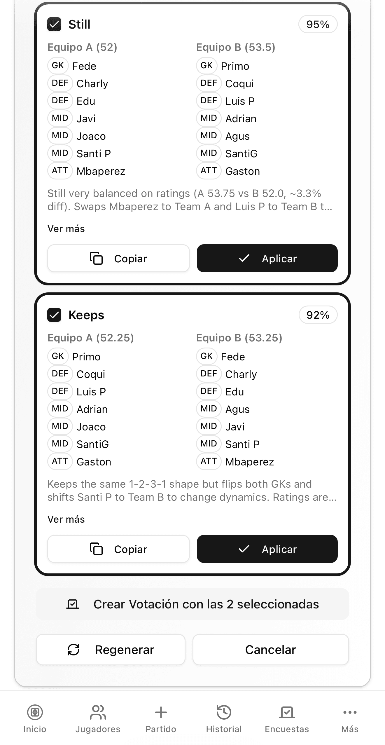Votación de equipos